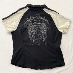 Harley Davidson Full Zip Garage Shirt Top Eagle Wings Lace Womens 2XL Y2K Biker